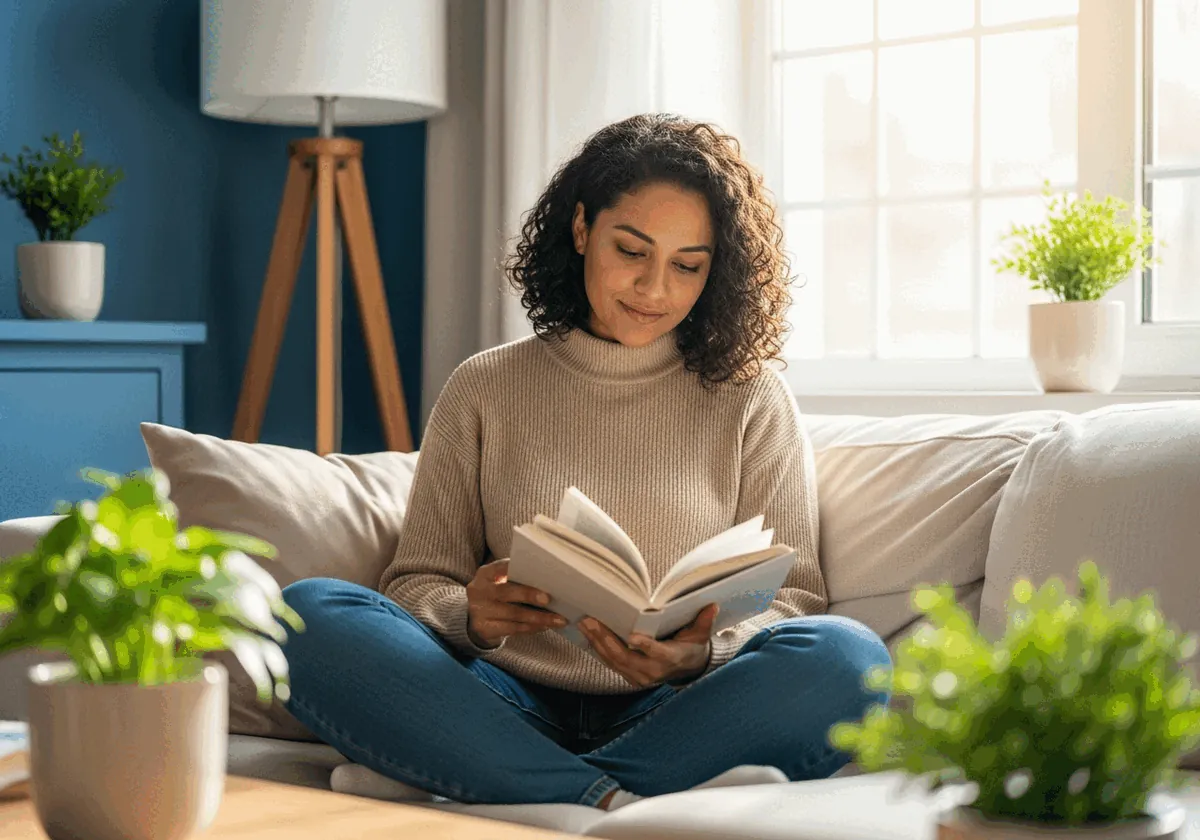 Mujer leyendo tranquila en un sillón